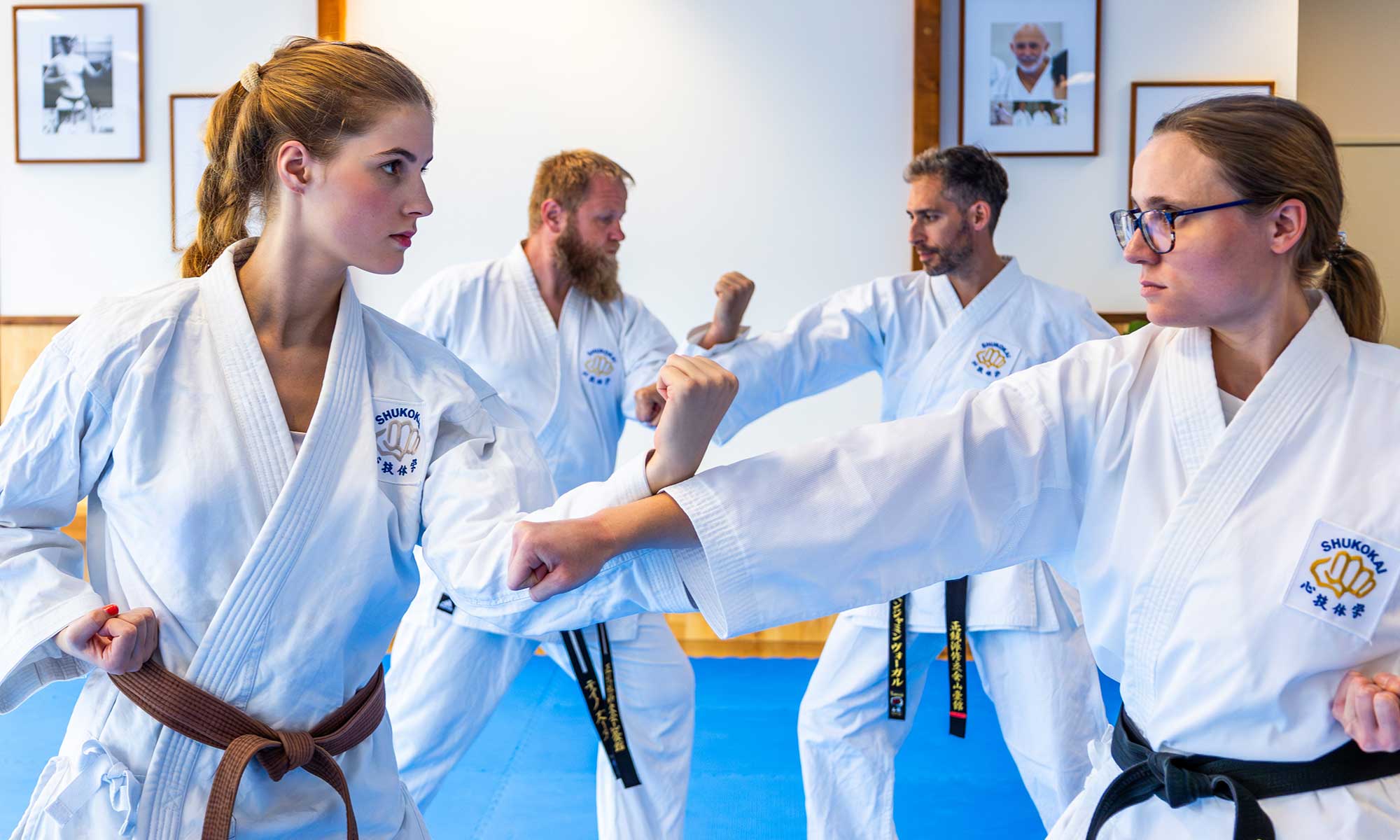 Das Bild zeigt vier Personen in Karateuniformen (Gi), die in einem Dojo Kampfsporttechniken üben. Eine Person trägt einen braunen Gürtel und die anderen drei tragen schwarze Gürtel, was auf ihren Rang hinweist. Sie nehmen eine Haltung oder Bewegung ein, bei der sie sich mit ausgestreckten Fäusten gegenüberstehen. Im Hintergrund sind gerahmte Fotos an der Wand zu sehen, die die traditionelle Kampfsportkulisse unterstreichen. Das Logo auf ihren Uniformen lautet „Shukokai“, eine Stilrichtung des Karate.