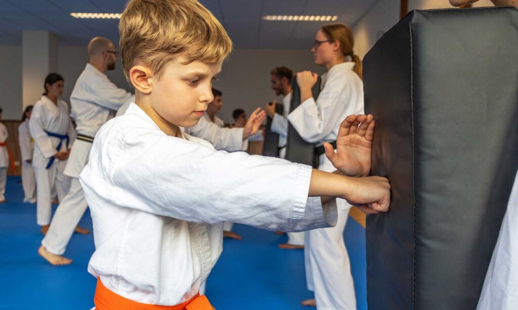 Ein Junge in weißem Karateanzug und orangefarbenem Gürtel übt das Schlagen auf ein gepolstertes Ziel. Er ist konzentriert, während im Hintergrund andere Schüler in Karateanzügen und verschiedenfarbigen Gürteln trainieren. Die Szene spielt in einem Kampfsport-Dojo mit blauen Matten auf dem Boden.